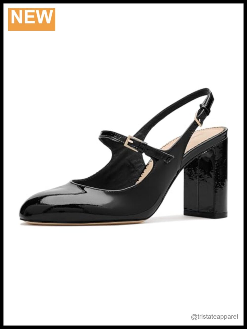 Patent Leather Slingback Block Heel Pump 3.1" Almond Toe Buckle